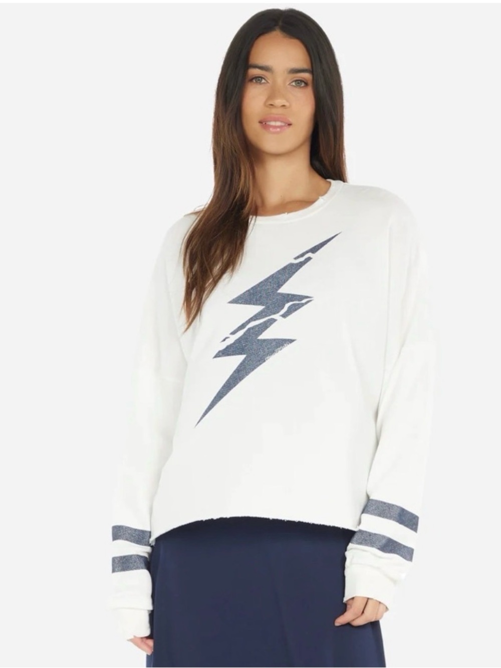 Lauren Moshi White Cutoff Sweatshirt with Cracked Navy Lightning Graphic